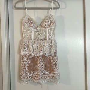Victoria Chapman white lace bachelorette dress.